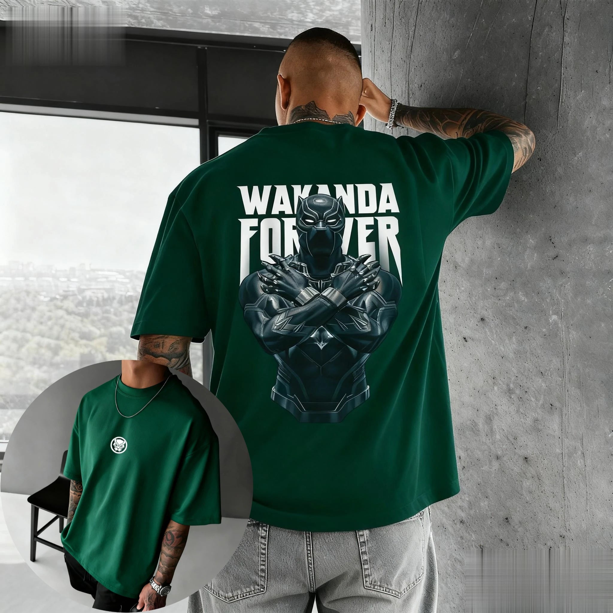 The Man's Multi-color T-shirt with Black Panther Pattern and Striped Background Design Is A Surprising Casual Streetwear