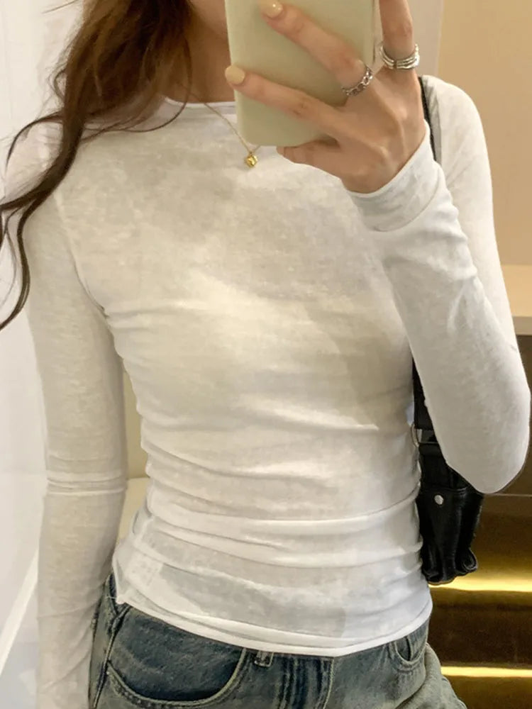 2026 Spring Autumn T shirt Women Tops Solid Slim Fit Long Sleeve O Neck Tshirts Female Casual Streetwear High Quality Base Tees
