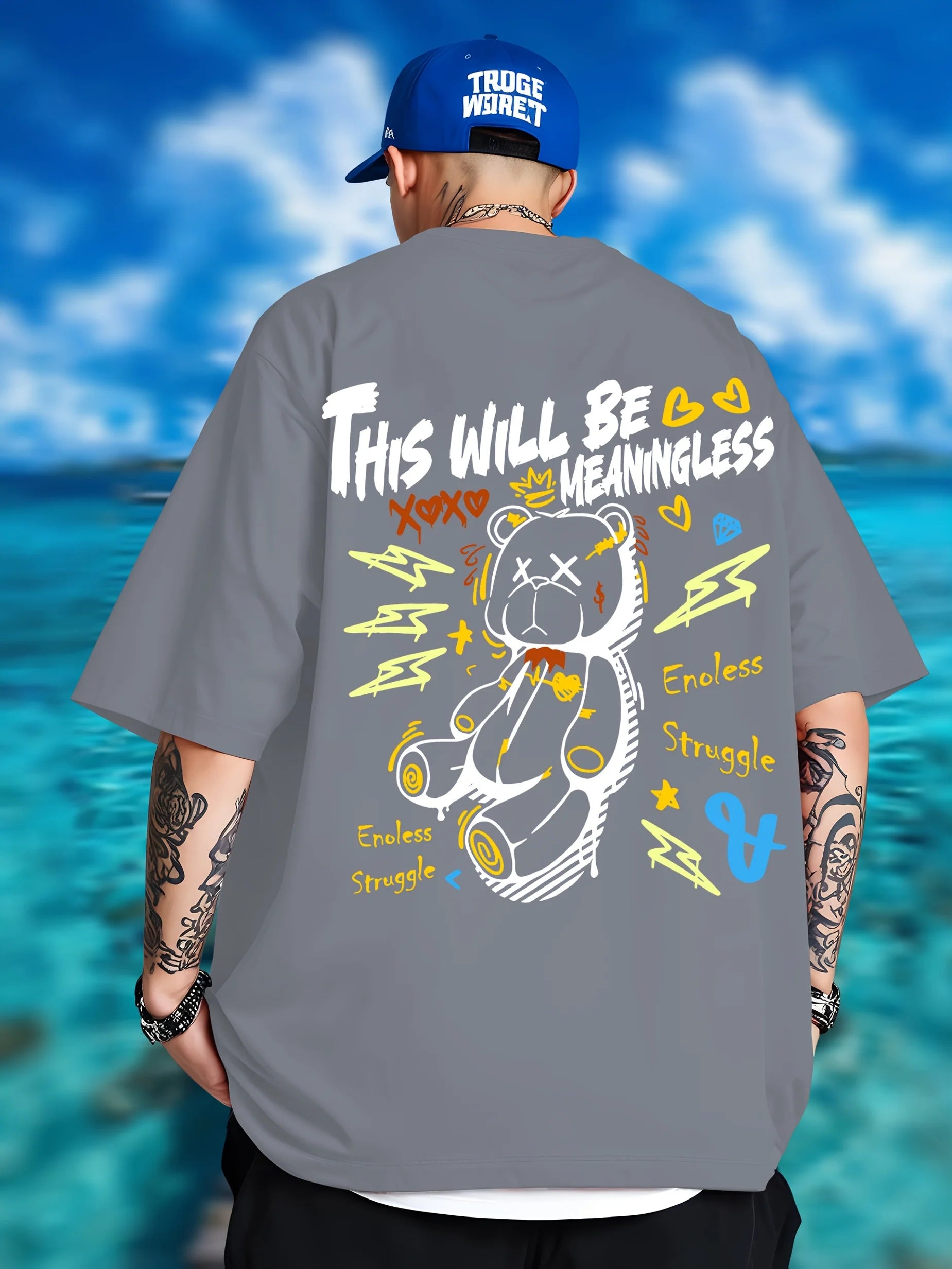 Summer men's fashionable teddy bear print breathable and comfortable round neck T-shirt outdoor street style top