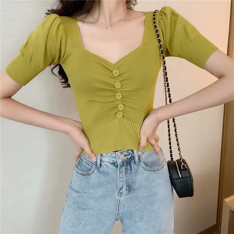 Short-Sleeve Knitted Crop Top – Y2K Style Sweetheart Neck