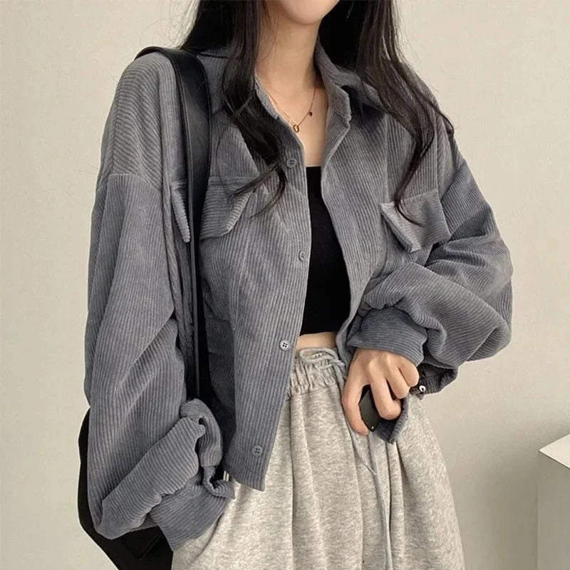 Women's Corduroy Jacket – Retro Loose Fit, Square Collar, Autumn-Winter