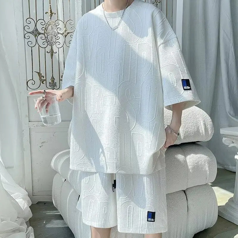 2026 3D Men's new Waffle  Summer Suit  Casual T-shirt + Shorts Suit Men's Tracksuit Solid color tracksuit loose suit
