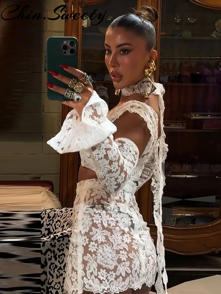 Beach Lace Skirt Set Women Sexy Hollow Out Square Collar Ribbon Crop Top A-line Split Skirt 2025 Spring Summer Lady Suit