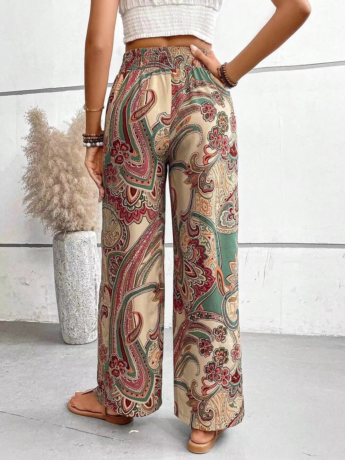 Fashion Vintage Print Wide-leg Pants Women Casual High-waisted Trouser 2026 Spring Summer Office Lady Clothes Streetwear