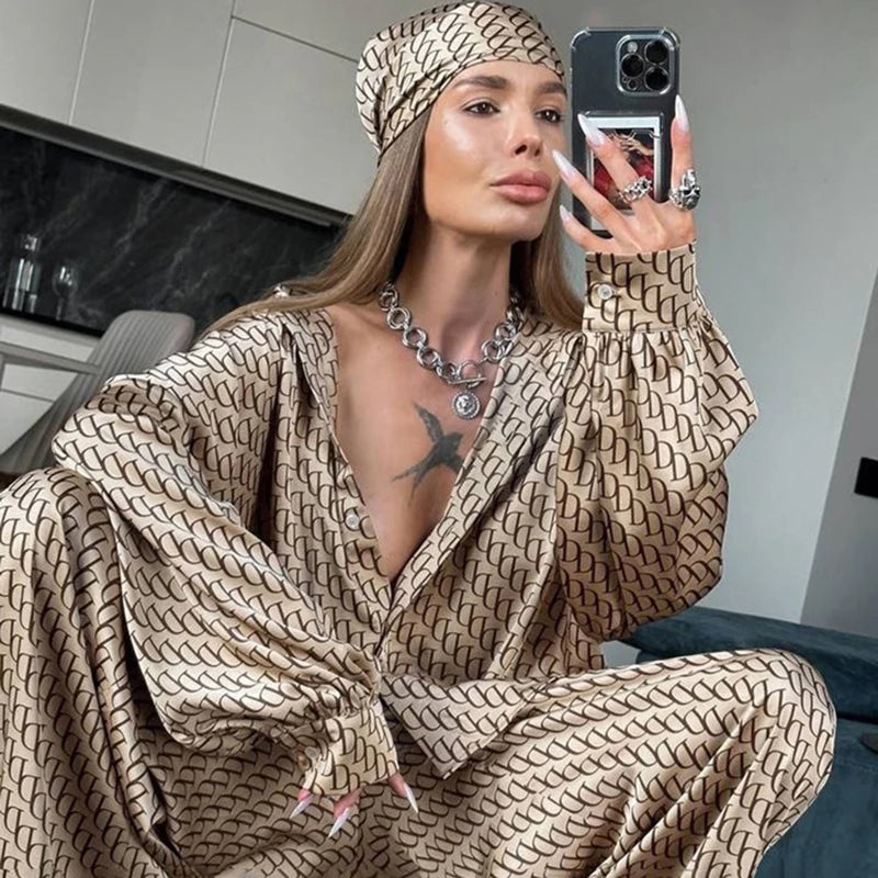 Ensemble Satin Imprimé Streetwear - Chemise & Pantalon Large