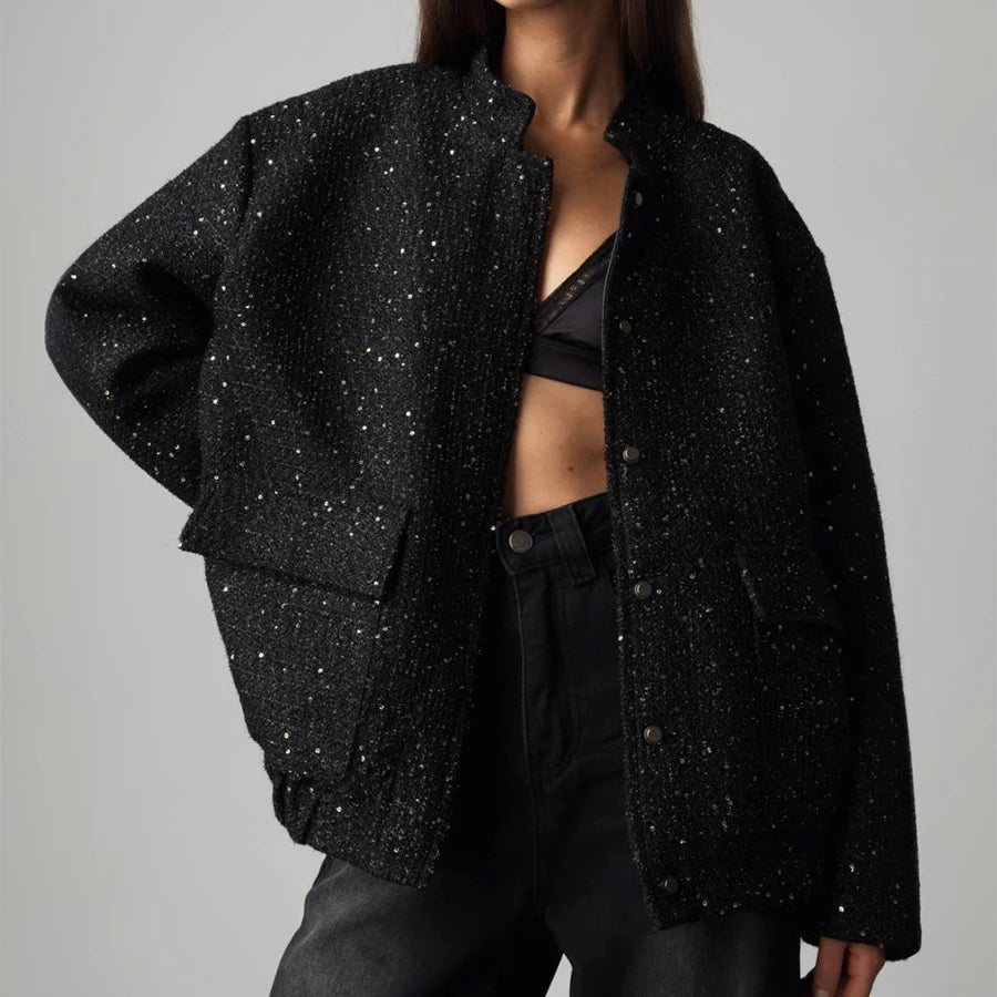 2026 Women Spring Vintage Sequins Jacket Coat Fashion Women Stand Collar Loose Style Jacket Femme Streetwear Tops Clothes