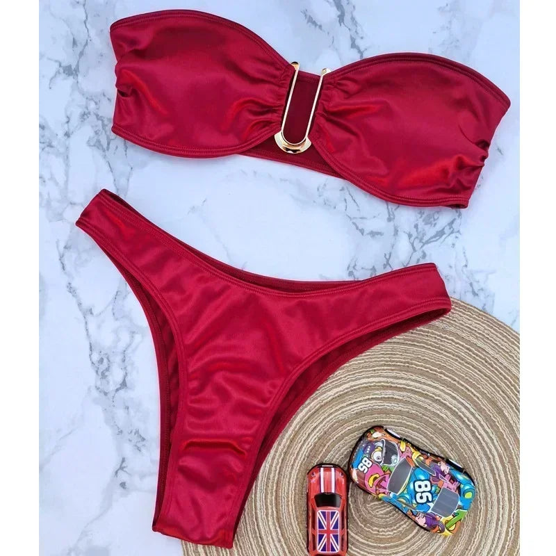 High Waist Bandeau Bikini Set – Push-Up Swimsuit for Women