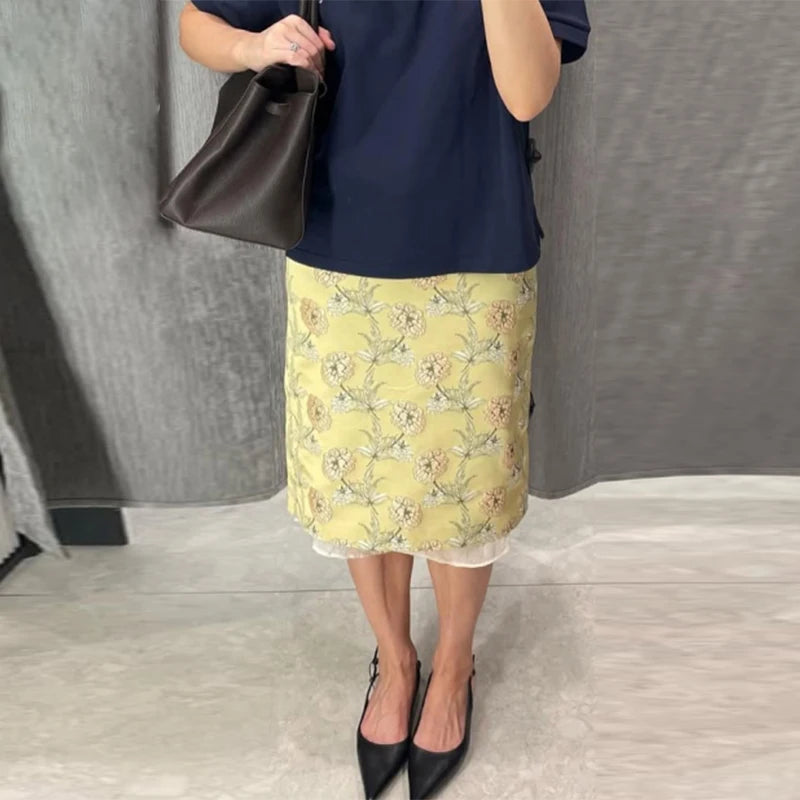 Elegant Floral Jacquard Jacket Skirt Set Women Slim Full Sleeve Print Lapel Button Jackets Long High Waist Skirts Fashion Suit