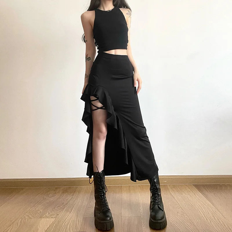 Jupe fendue lacée femme – Coupe ajustée, Longueur cheville, Style chic décontracté