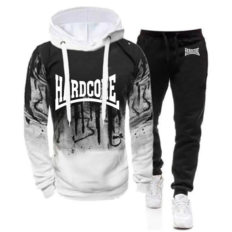 Hardcore Men's New Spring and Autumn Casual Printing Pullover Hoodie + Sweatpants Harajuku Gradient Color Two Piece Suit