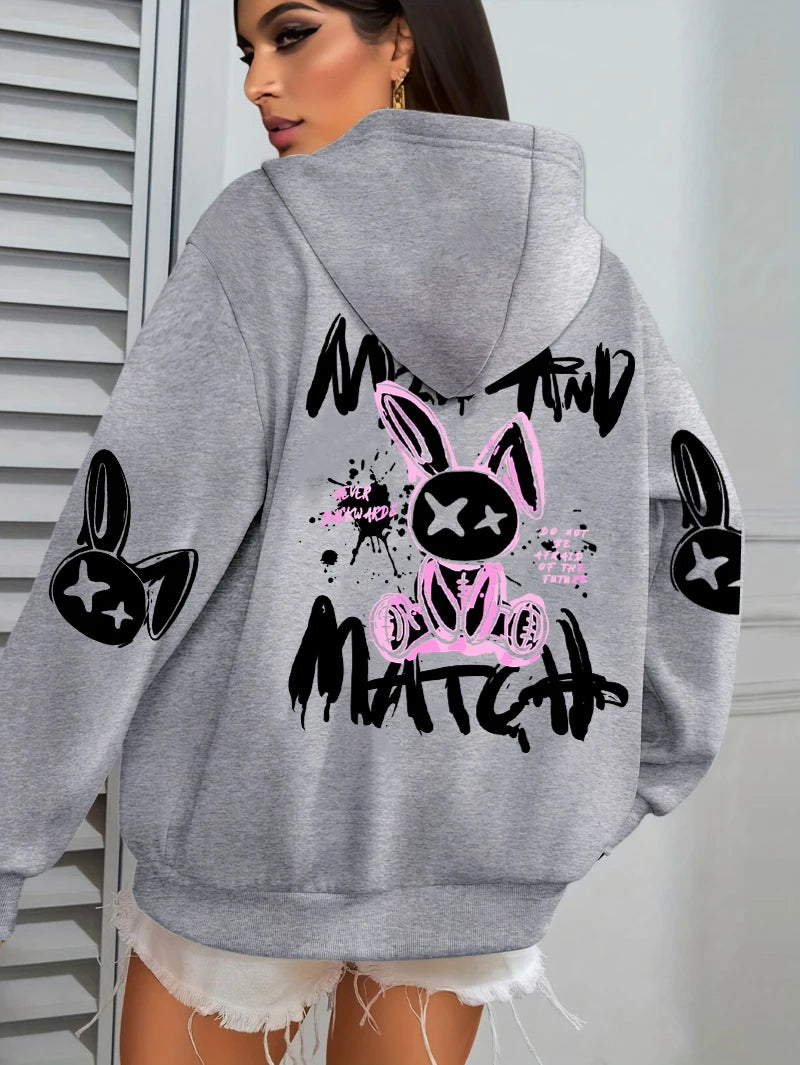 Hoodie Femme Imprimé Lapin – Style Streetwear Harajuku
