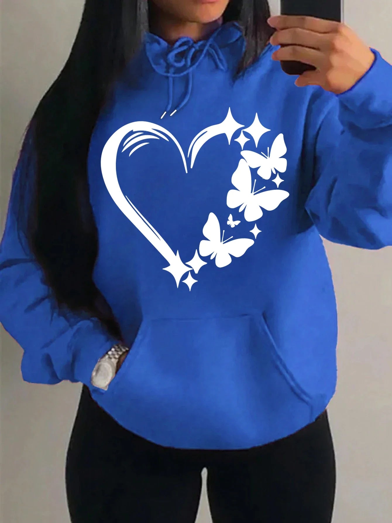 Sweat à capuche Femme Motif Amour et Papillon Hip Hop Streetwear Poches Vêtements Rétro Multicolore