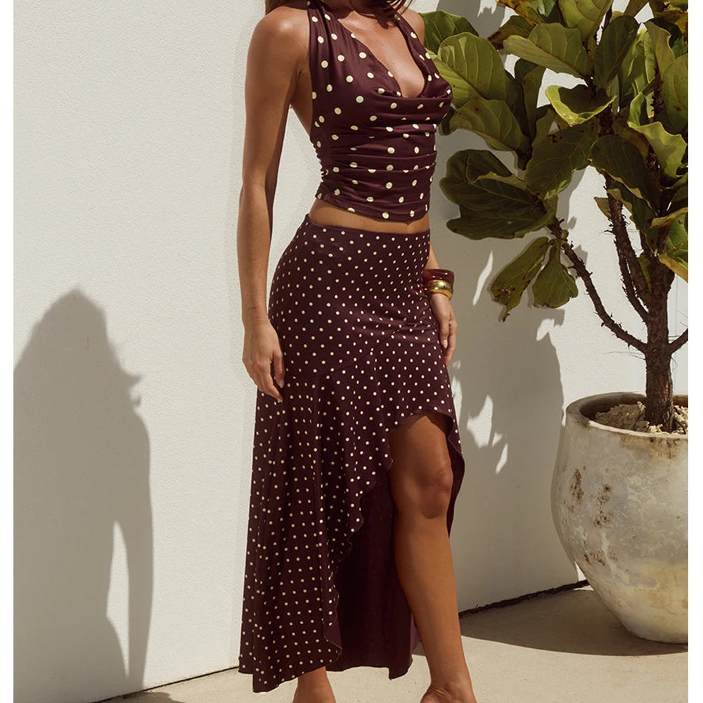 Women Summer Vintage Two Pieces Outfits y2k Aesthetic Polka Dots Print Tie-up Backless Tanks Tops+Low Waist Irregular Skirts