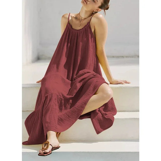 Vintage Muslin 100% Cotton Gauze Summer Dress Women Loose Sexy Sleeveless Ruched Long Maxi Party Desses Chic Sundress Vestidos