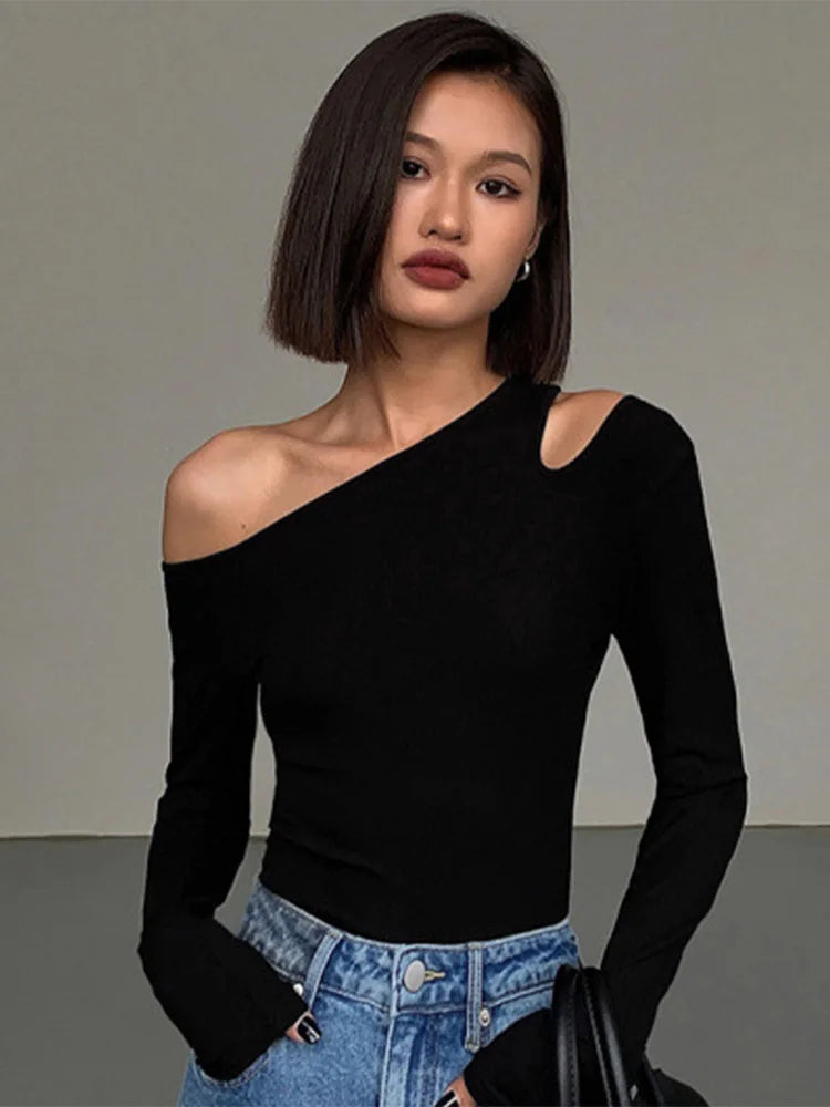 Asymmetrical Off-Shoulder Neck T-Shirt – Slim Fit Cutout Crop Top