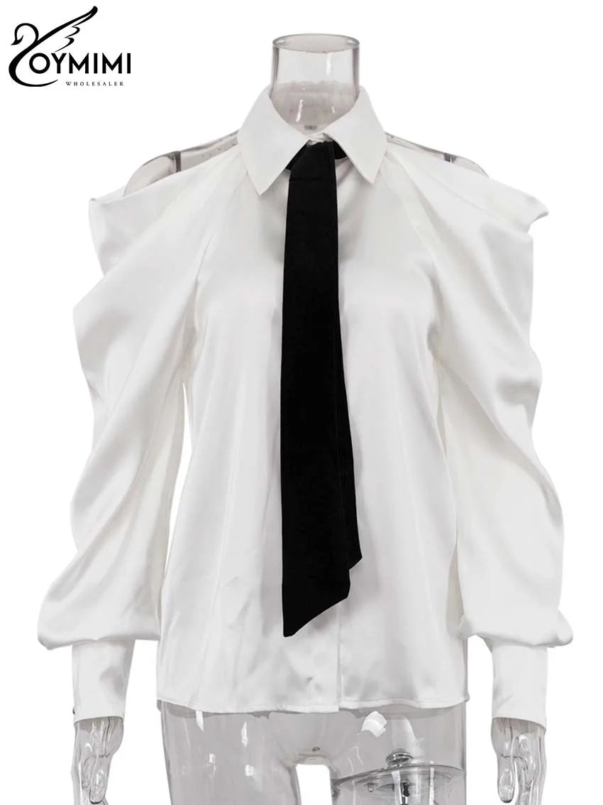 Oymimi Elegant White Patchwork Women's Shirt Fashion Lapel Long Sleeve Shirts Casual Necktie Off The Shoulder Button Blouses