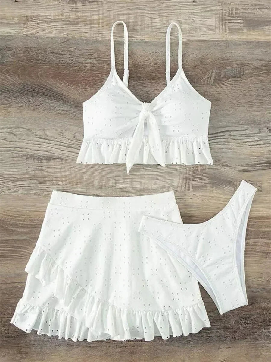 Sexy White 3 Piece Bikinis Set 2026 Women Halter Cut Out Tie Up Ruffles Push Up Skirt Swimsuit Bathing Suit High Waist Swimwear