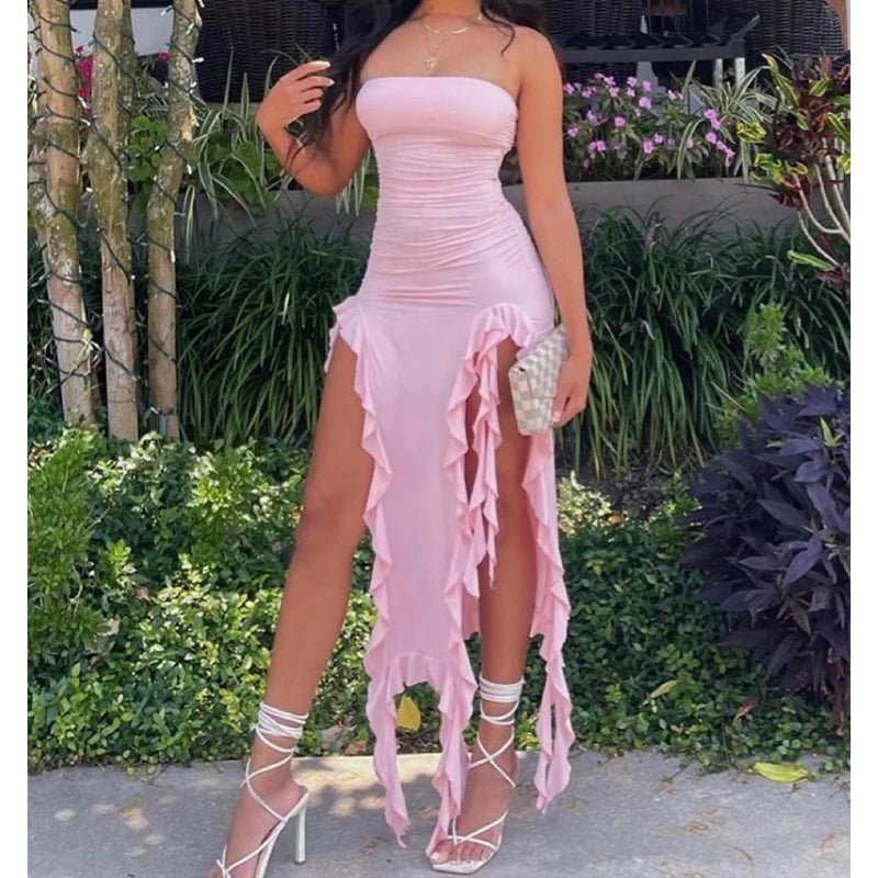Robe Courte Femme Bustier Sexy Florale Plissée Ourlet Fendu Haut 2024 Unie Dos Nu Sans Manches Noire Et Rose Robe de Soirée Vestidos