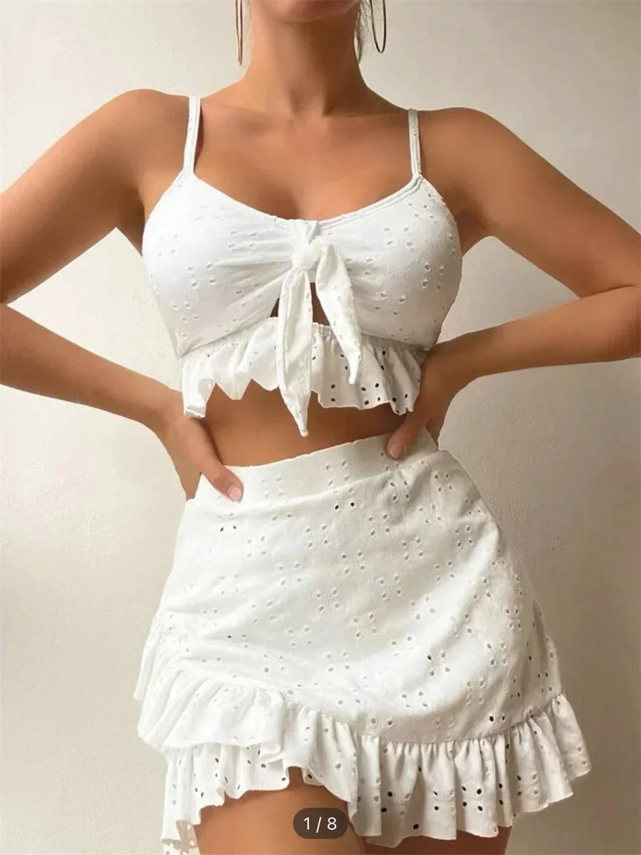 Sexy White 3 Piece Bikinis Set 2026 Women Halter Cut Out Tie Up Ruffles Push Up Skirt Swimsuit Bathing Suit High Waist Swimwear
