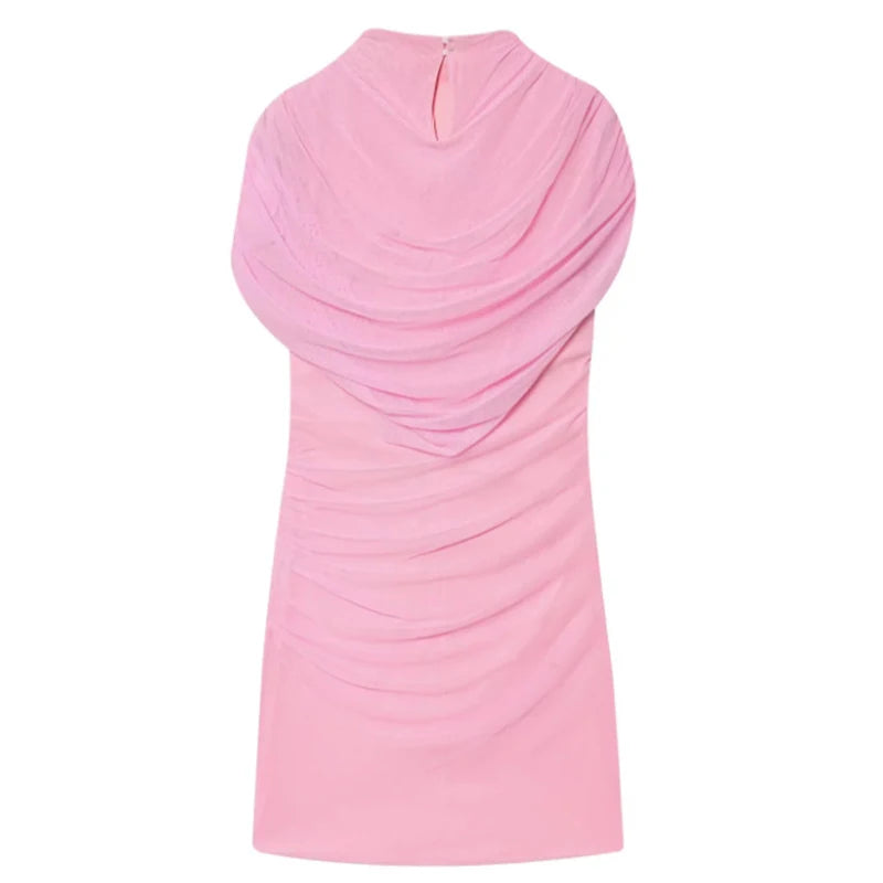 Elegant Mesh Shawl Short Dress Women Pleated Half High Collar Sleeveless Female Dresses 2026 Spring Lady Chic Party Gowns New