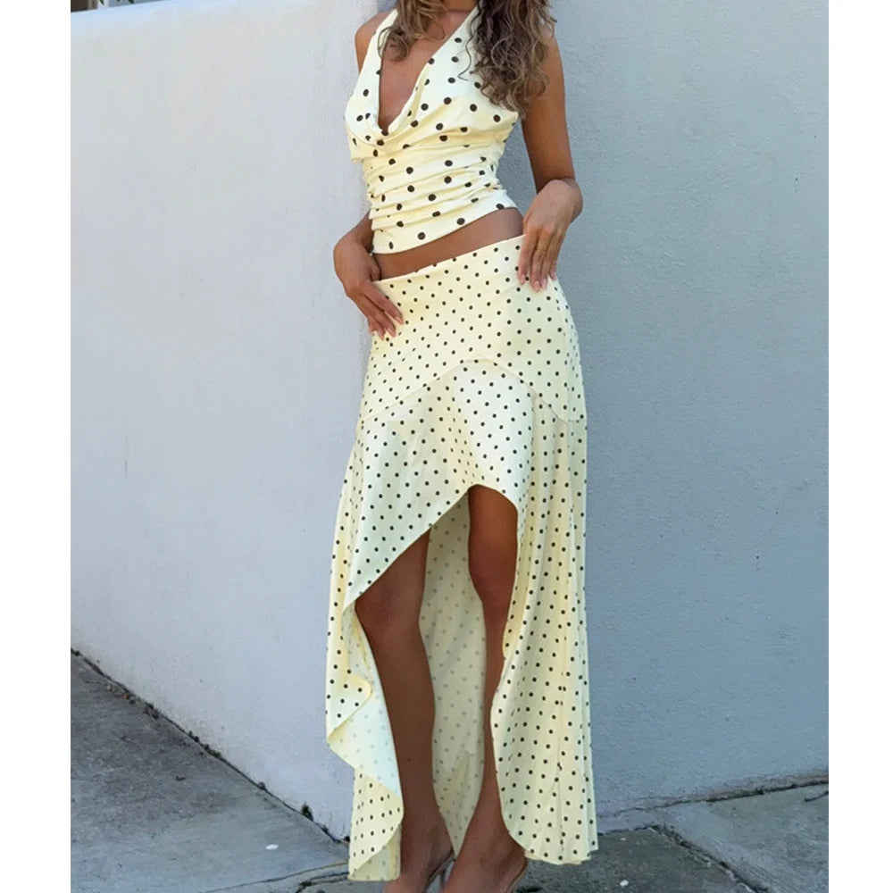 Women Summer Vintage Two Pieces Outfits y2k Aesthetic Polka Dots Print Tie-up Backless Tanks Tops+Low Waist Irregular Skirts
