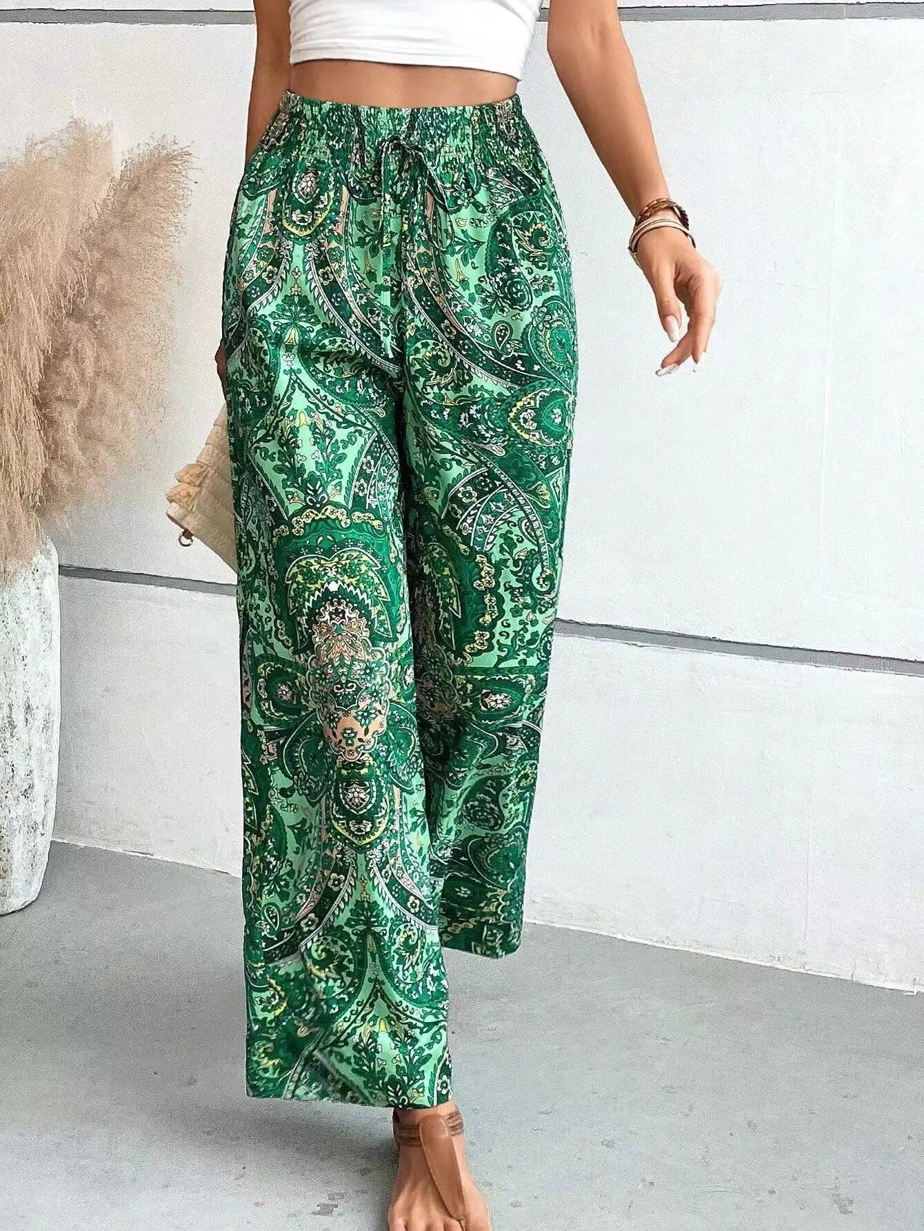 Fashion Vintage Print Wide-leg Pants Women Casual High-waisted Trouser 2026 Spring Summer Office Lady Clothes Streetwear