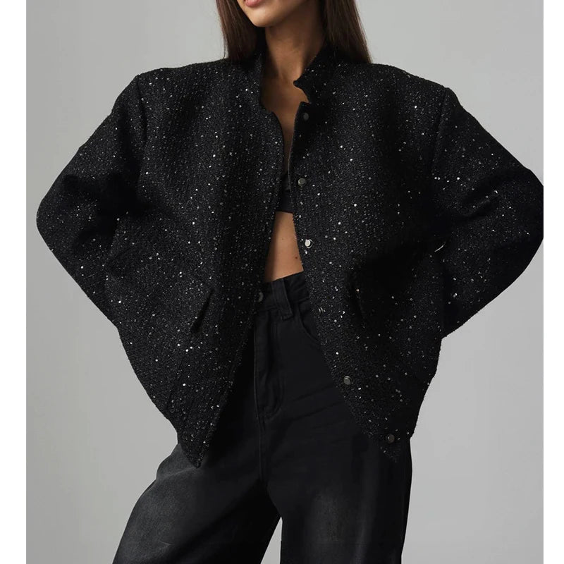 2026 Women Spring Vintage Sequins Jacket Coat Fashion Women Stand Collar Loose Style Jacket Femme Streetwear Tops Clothes