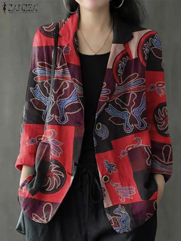 Women's Vintage Printed Blazer – Long Sleeves, Cotton, Autumn/Winter