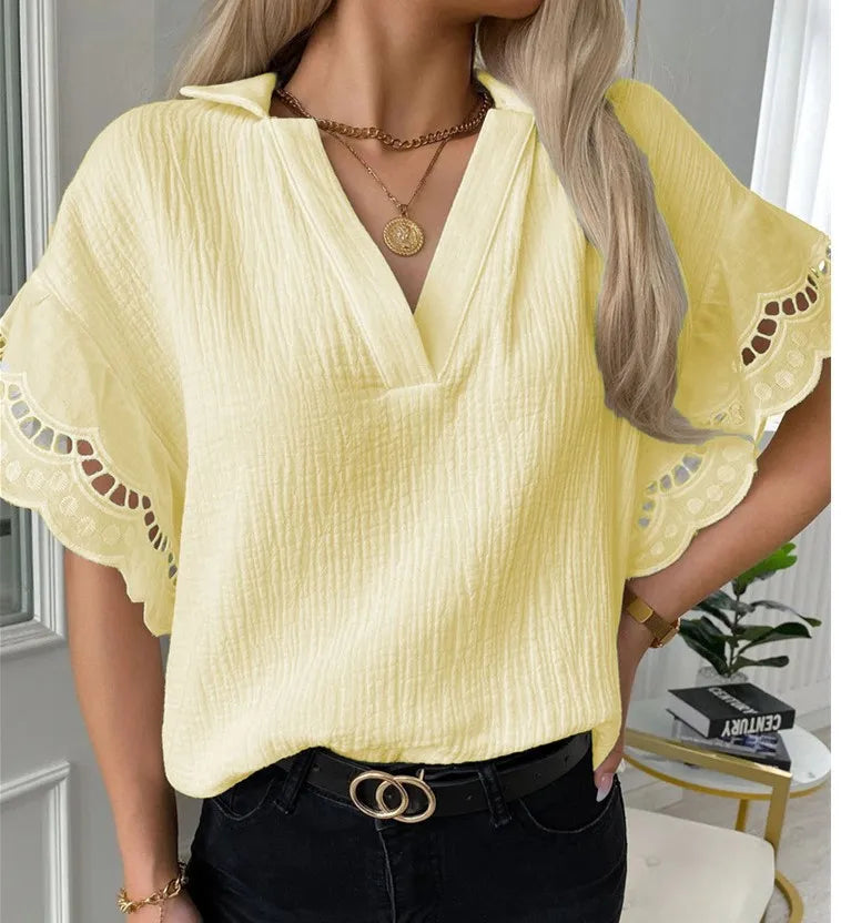 Women's Short Sleeve Lace V-Neck T-Shirt – Casual Chic Style