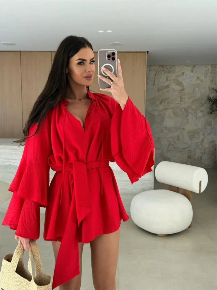 Fashionable Lotus Leaf Sleeve Irregular Short Dress Spring Summer New Women's Solid Color Sexy V-neck Long Sleeved Loose Dress