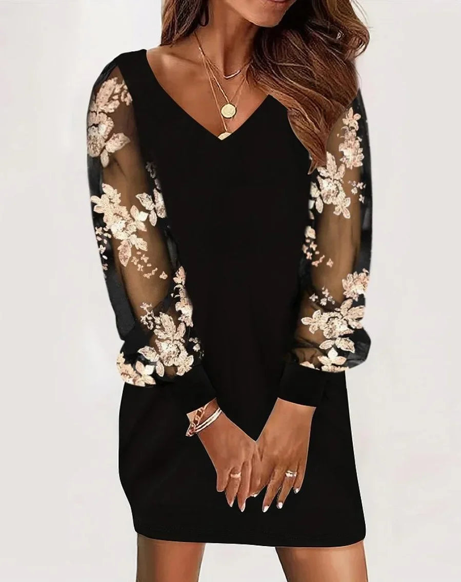 Elegant and Beautiful Women's Dress Autumn Solid Color Lace Splicing Long Sleeve Mini Dresse Female Short Dresses 2025 Woman