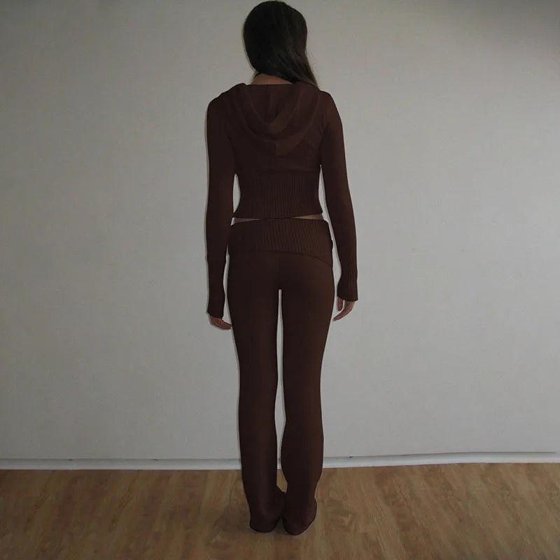 Women's Spring Autumn Suit Long Sleeve Long Pants Hooded Knit High Waist New Vintage Simple Comfortable Skinny Niche Versatile