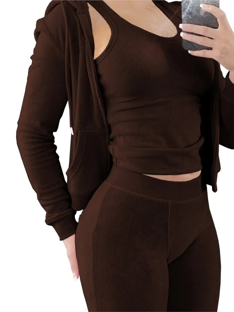 Ensemble 3 Pièces Femme Automne Hiver - Sweat Gilet Pantalon Velours