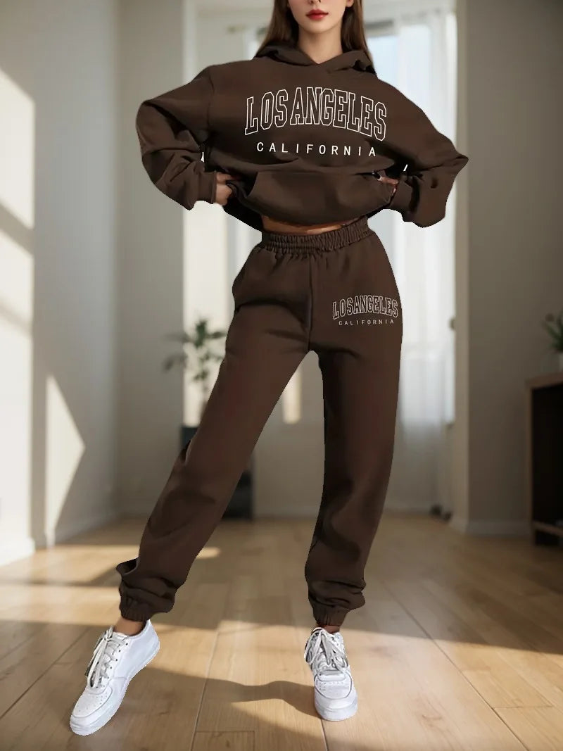 Ensemble deux pièces pour femmes, sweat à capuche et pantalon de survêtement, imprimé lettres, survêtement à capuche deux pièces pour femmes